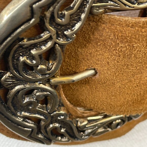 Womens Vintage Suede Leather Brass Filigree Wide Stretch Belt Heritage Boho 3" - Picture 3 of 11